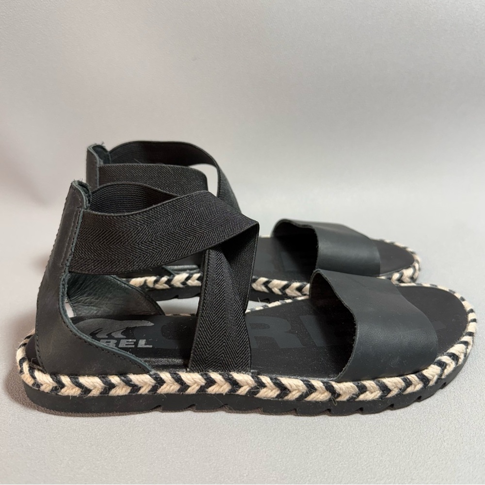 Sorel Ella II Black Strappy Gladiator Sandals with Braided Sole